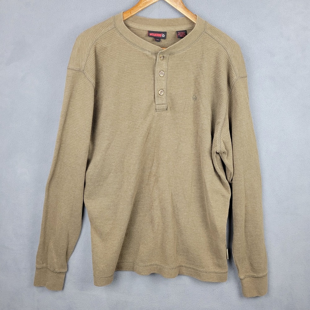 Wolverine Henley Shirt Mens Large Khaki Cotton Logo Classic‎ Thermal Waffle Knit